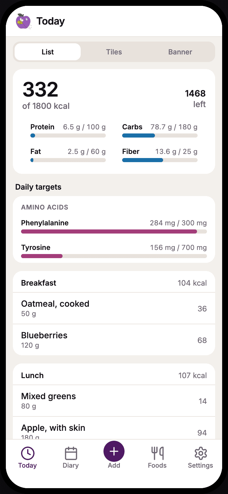 Phebe today screen with calories, macros and amino acid targets